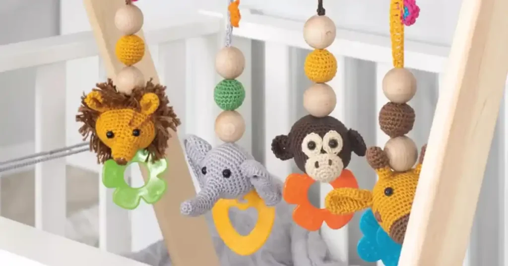 Crochet lion, giraffe, monkey, and elephant toys