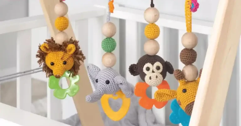 Crochet lion, giraffe, monkey, and elephant toys